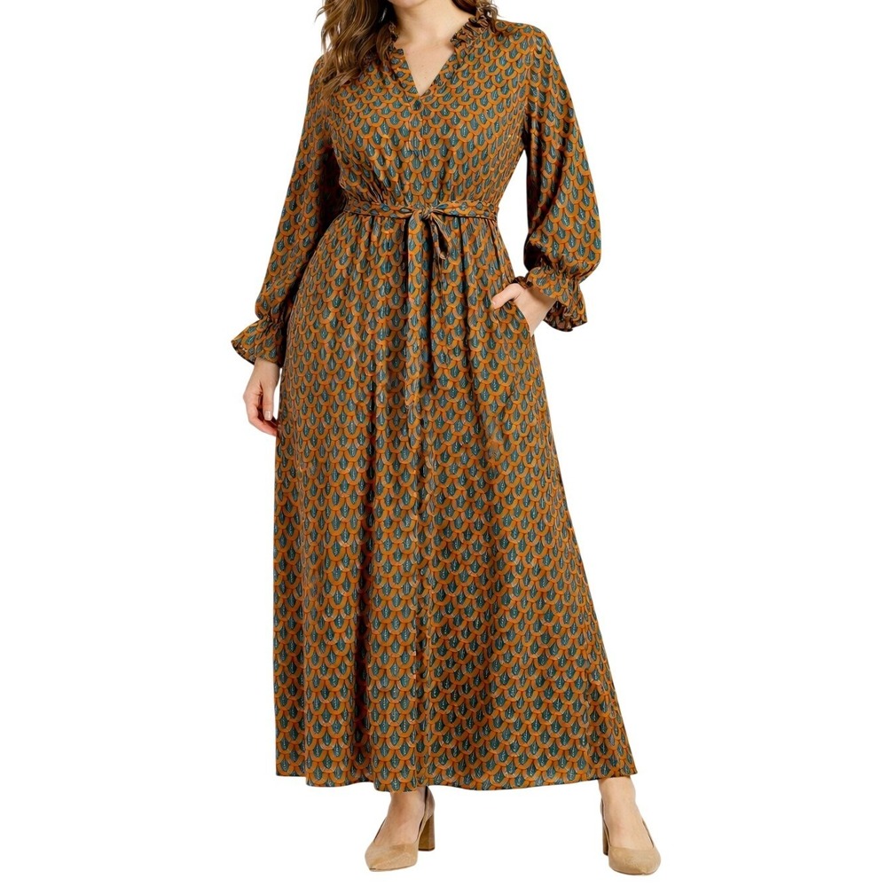 Q2 Peacock Print Maxi Dress Womens Medium Teal Mustard Gold Metallic Boho Ruffle